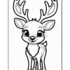 A cute cartoon-style deer with large antlers and a smiling expression, standing upright with its front legs slightly bent and a fluffy tail, outlined for coloring.