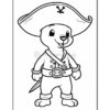 A cartoon otter dressed as a pirate, wearing a large pirate hat with a skull and crossed swords emblem, a pirate coat with a belt, and holding a sword at its side, in a black and white coloring page design.