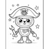 A cartoon-style robotic pirate character wearing a pirate hat adorned with a skull and crossbones. The character holds a wrench in one hand and has big, expressive eyes. The background features small stars and floating elements, all in black and white coloring.