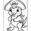 A cartoon dinosaur dressed as a pirate, wearing a large pirate hat with a skull and crossbones emblem, and a belt around its waist. The dinosaur is smiling and standing with its arms raised, surrounded by a border.