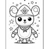 A cute cartoon bear character dressed as a pirate, wearing a pirate hat adorned with a skull and crossbones, with big round ears and a friendly expression, surrounded by stars and cosmic elements in a simple black and white illustration suitable for coloring.
