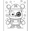 A cartoon robot character with a pirate hat featuring a skull and crossbones, round eyes, and a friendly smile, surrounded by stars in a black and white coloring page format.