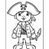 A cartoon pirate character with a large tricorne hat featuring a skull and crossbones, wearing a coat and pants with a belt, and a tail visible behind him, standing in a playful pose.
