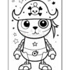 A cartoon-style pirate character with a large hat featuring a skull and crossbones, wearing a star-patterned outfit and metal arms, surrounded by small stars and decorative elements in a black and white outline, ready for coloring.