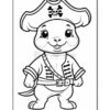 A cartoon pirate character, resembling a small animal, wearing a pirate hat adorned with a skull and crossbones, a pirate coat with buttons, and a belt, displaying a cheerful smile.