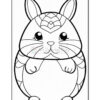 Black and white outline drawing of a cartoon bunny with large eyes and intricate patterns on its body, standing with its paws together on a plain background.