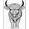 A detailed black and white illustration of a bull adorned with intricate floral patterns, facing forward with prominent horns and a decorated body, surrounded by a blank background.