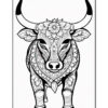 A detailed black and white illustration of a bull adorned with intricate floral and geometric patterns, facing forward with prominent horns and a decorative collar.