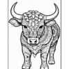 A detailed line art illustration of a bull, featuring intricate patterns of flowers and geometric shapes covering its body, set against a plain white background.