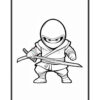 A cartoon ninja character stands ready for action, holding two swords in a defensive stance. The ninja is wearing traditional attire, including a hood and belt, and has an intense expression. The image is outlined in black and is designed for coloring.