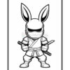 A cartoon-style ninja character with bunny ears, wearing traditional ninja clothing and holding two swords, depicted in a bold outline on a white background.