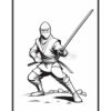 A black and white illustration of a ninja in a combat stance, wielding a sword, with a simple rocky ground beneath him.