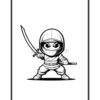 A cartoon ninja character is standing confidently with a sword drawn, wearing a traditional ninja outfit and a hood. The image is outlined in black and set against a plain white background.