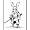 A cartoon-style ninja character wearing a face mask and a traditional outfit, features large rabbit ears on the head, standing confidently with a sword at the side.