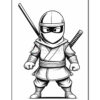 A cartoon-style ninja character standing confidently with a sword in one hand and a shuriken on the other, wearing a traditional ninja outfit with a mask and headband, depicted in black and white line art.