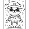 A cartoon-style, black and white drawing of a cute bear character wearing a captain's hat and a bandana, with robotic arms and legs, standing on a circular base surrounded by stars.