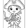 A cartoon-style pirate girl is standing with a sword in one hand, wearing a large pirate hat adorned with a skull and crossbones, a pirate coat, and boots, smiling cheerfully.