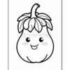 A cute cartoon-style pumpkin with a smiling face and big eyes, featuring leafy green vines on top. The design is outlined in black and set against a plain white background, making it ideal for coloring.