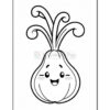 A cartoon-style onion with a smiling face and curvy green tops, designed for coloring purposes.