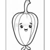 A cartoon-style outline of a smiling bell pepper with arms and legs, featuring large eyes and a happy expression, suitable for coloring.