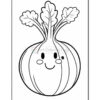 A cartoon-style outline illustration of a smiling vegetable with a round base and leafy green tops, designed for coloring.