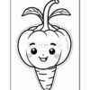 A cartoon-style drawing of a smiling vegetable with a bulbous top and a tapered root, featuring large eyes and a cheerful expression, suitable for coloring.