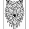 A detailed black and white illustration of a wolf's face, featuring intricate patterns and mandala-like designs within its fur and around its face, including decorative elements hanging from the bottom.