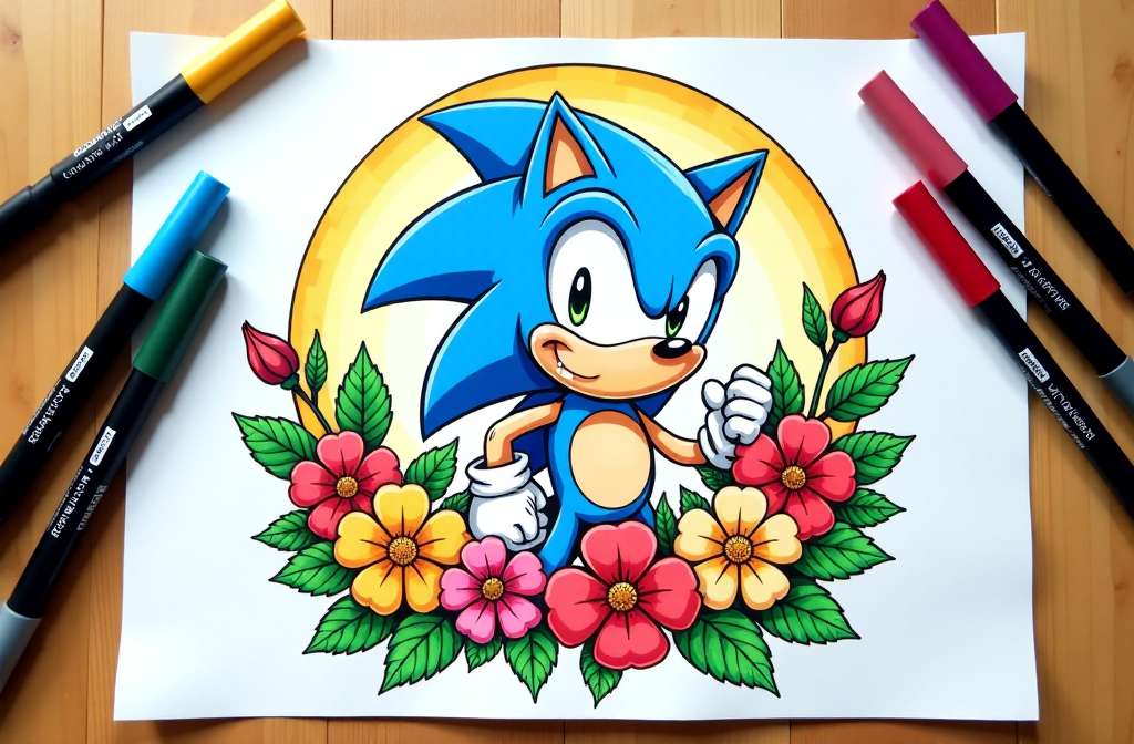 A colorful illustration of a blue cartoon hedgehog, styled with a confident smile, surrounded by vibrant flowers and greenery. Art supplies, including various colored markers, are arranged around the artwork on a wooden surface.