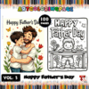 A promotional image for a Father's Day coloring book titled 'Father's Day Art Coloring Pages Vol. 3', featuring colorful pencils at the top and bottom borders. The image includes a playful illustration of a father hugging his child on the left and a black-and-white outline of a child holding a gift on the right, both with 'Happy Father's Day' text.