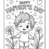 A cheerful cartoon child with wavy hair is standing between two flowers, with raised arms and a big smile. The background features hearts and the text 'HAPPY HAPER'S DAY' at the top. The image is in black and white, designed for coloring.