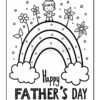 A black and white coloring page featuring a cartoon boy standing on a rainbow, surrounded by flowers and clouds, with the text 'Happy Father's Day' prominently displayed below.