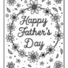 Black and white illustration with the text 'Happy Father's Day' surrounded by a floral wreath featuring different types of flowers and leaves.