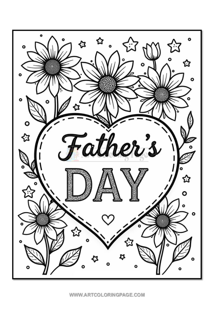A black and white coloring page featuring the words "Father's Day" in a heart shape, surrounded by flowers, leaves, and small stars.