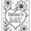A black and white coloring page featuring the text 'Father's Day' surrounded by a heart made of floral designs, featuring large flowers and leaves, along with small stars scattered around.