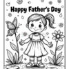 A black and white illustration featuring a cheerful girl with a ponytail, wearing a dress and standing among flowers and a butterfly. Above her, the text reads 'Happy Father's Day.' The scene includes leaves and droplets around the girl.