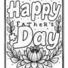 A black and white illustrated greeting card that says 'Happy Father's Day' with decorative elements including a lotus flower and leaves surrounding the text.
