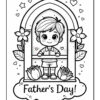 A black and white coloring page featuring a cheerful young boy standing in front of a decorative window. The boy has short, stylized hair and is wearing a collared shirt and shorts. There are flowers and roses on either side of the window, and the text 'Father's Day!' appears below.