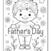 A coloring page featuring a smiling boy with short hair, standing with arms outstretched. The page includes the text 'Father's Day' and is decorated with flowers and hearts.