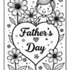 A coloring page with a heart-shaped design featuring the words 'Father's Day' in the center. A happy child with short hair is shown on the left side, surrounded by flowers and decorative elements.