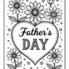 A black and white coloring page featuring a heart design with the text 'Father's Day' in stylized letters, surrounded by various flowers and stars.