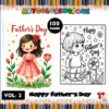A promotional image for a Father's Day coloring book featuring two illustrations: one of a girl in a pink dress with flowers on the left and a black-and-white outline of a boy holding flowers on the right. The title 'Father's Day' is prominently displayed, and it announces '100 Pages' and 'Vol. 2' for the coloring book.