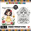 Cover of a Father's Day coloring book featuring colorful illustrations of a girl in a yellow dress surrounded by flowers, and a black-and-white drawing of a boy with flowers, overlaid with text stating 'Father's Day,' '100 Pages,' and 'Vol. 4 Happy Father's Day.' The design includes a colorful crayon border.