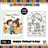 A promotional image for a Father's Day coloring book, featuring two illustrations: one of two children, a boy and a girl, holding flowers with the text 'Happy Father's Day' and another line art drawing of a boy surrounded by flowers with the text 'Father's Day.' The background is decorated with colored pencils and the title states 'Vol. 6 Happy Father's Day Coloring Pages' with '100 Pages' highlighted.