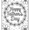 A black and white coloring page featuring the text 'Happy Father's Day' surrounded by a circular arrangement of flowers and stars.