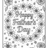 A line art coloring page featuring floral designs and the text 'Happy Father's Day' in a decorative font, surrounded by flowers and small stars.