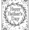 A black and white illustration with the text 'Happy Father's Day' in the center, surrounded by floral patterns and decorative leaves. The design is intended for coloring.