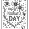 A black and white coloring page featuring the text 'Happy Father's Day' surrounded by decorative flowers, leaves, and stars in a heart shape.