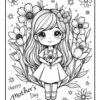 A black and white coloring page featuring a cute girl with long hair, holding a bouquet of flowers, surrounded by various floral designs. The text 'Happy Mother's Day' is included in the lower part of the image.
