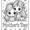 A line art illustration for Mother's Day featuring two cute girls with large eyes, one with a flower in her hair, surrounded by flowers and stars, with the text 'Mother's Day' prominently displayed.