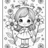 A black and white coloring page featuring a cute girl with long hair, dressed in a dress and smiling while holding her hand to her chest. Surrounding her are various flowers, and the text above reads 'Happy Mother's Day.' The page includes decorative stars and outlines suitable for coloring.